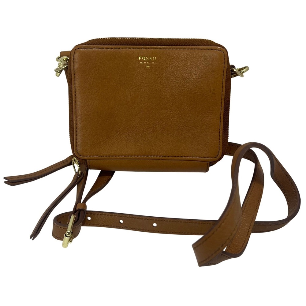 Fossil Sydney Mini Brown Yellow Crossbody Convertible Belt Leather Bag Wallet